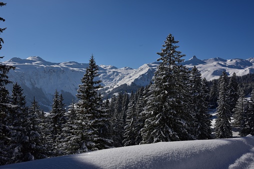 A scenic winter landscape with a mountain range covered in snow in Zurich, Switzerland