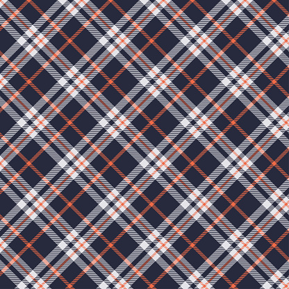 Seamless diagonal plaid and checkered patterns in dark blue white and orange for textile design. Tartan plaid pattern graphic background for a fabric print. Vector design.