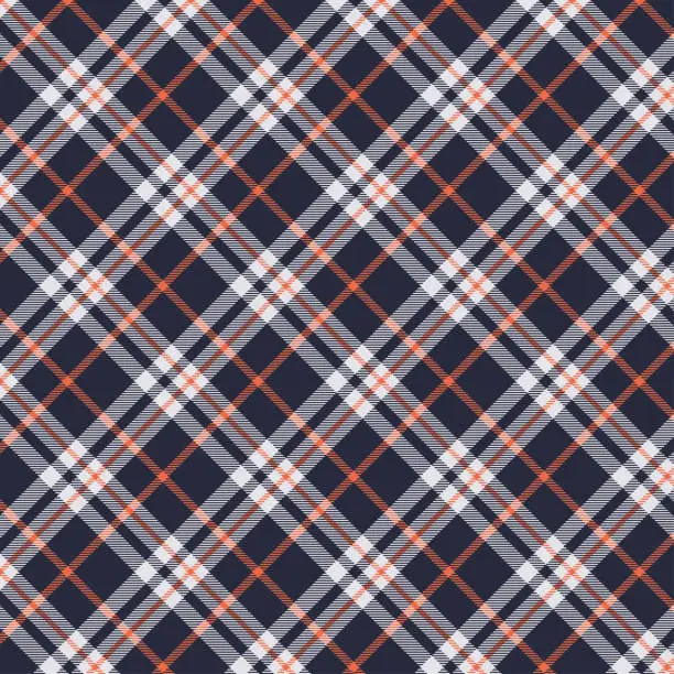 Vector illustration of Seamless diagonal plaid and checkered patterns in dark blue white and orange for textile design.