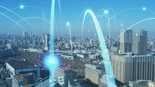 istock Modern city and wireless communication network concept. Radio wave. Telecommunication. 1604579740