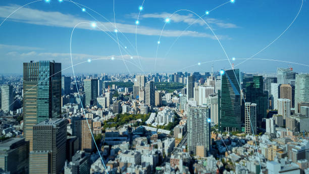 istock Modern city and wireless communication network concept. Radio wave. Telecommunication. 1604579746