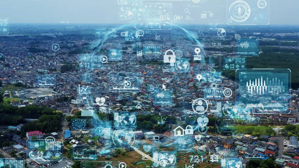 istock Modern town aerial view and information technology concept. Digital transformation. Communication network. 1604581390