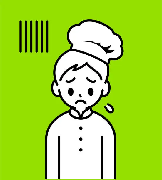 Vector illustration of A chef boy is looking down and frowning, heavy-hearted, minimalist style, black and white outline
