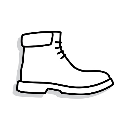 Vector illustration of a hand drawn black and white work boot against a white background.