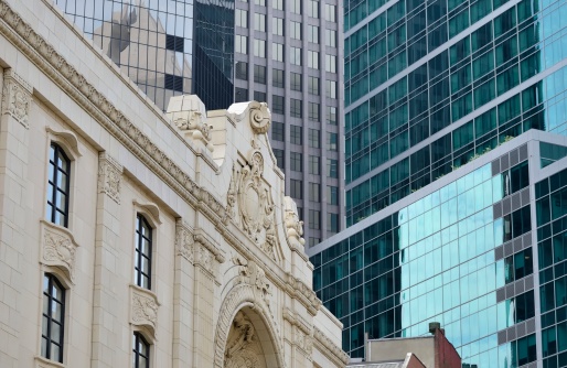 Contrasting styles of architecture show the evolution of building skyscrapers in downtown Pittsburgh, Pennsylvania.