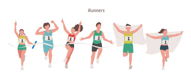 ilustrações de stock, clip art, desenhos animados e ícones de men's and women's athletes strike a winning pose at the finish line. - child running sport sports race
