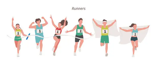 Vector illustration of Men's and women's athletes strike a winning pose at the finish line.