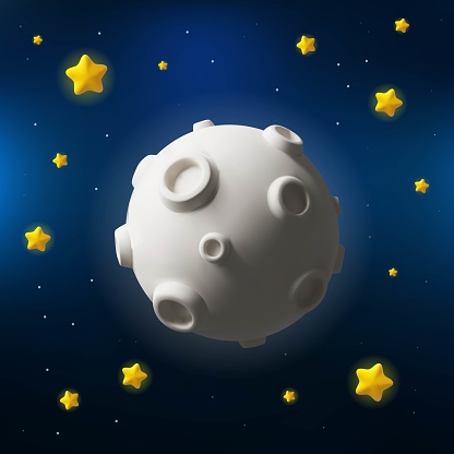 3d cartoon full moon with crater and glowing moonlight. Star shape objects in night sky. Vector illustration about space in clay style. Astronomy banner.