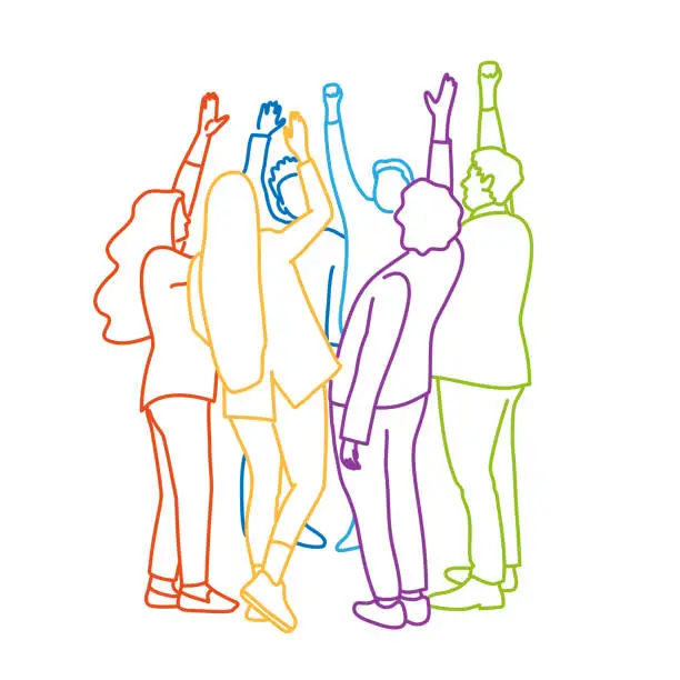 Vector illustration of Group of people standing together with their hands raised