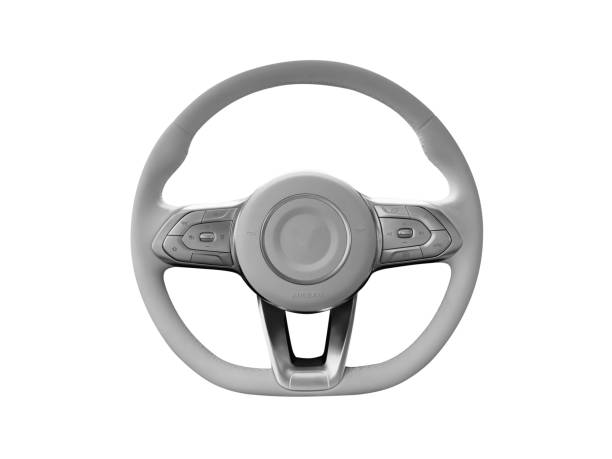 Modern car interior. Steering wheel with media phone control buttons isolated on white background. Car interior details. Steering wheel isolated on white background