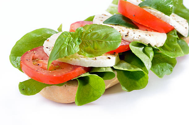 sandwich con pomodoro e mozzarella - mozzarella tomato sandwich picnic foto e immagini stock