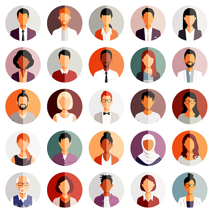 Avatar round icon set of 25 diverse people portraits. Isolated vector illustration.