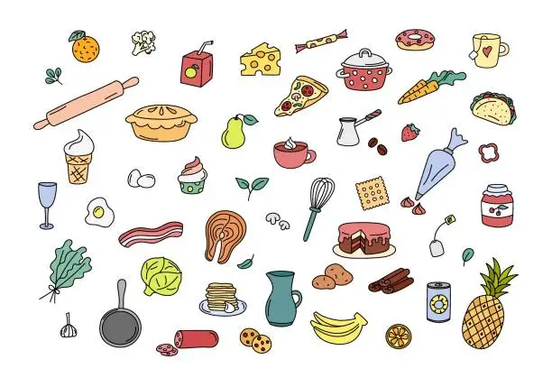 Vector illustration of Cooking doodles, kitchen elements vector set. Cute colorful doodle illustrations collection of utensils, kitchenware, food, meal ingredients. Outline fruits, vegetables, bakery, cookware