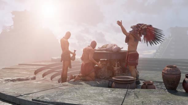 ancient Mayan aztec tribe , priest brings human sacrifices 3d render