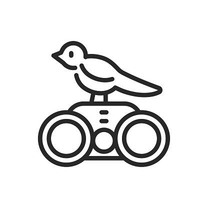 Bird Watching Icon. Vector Outline Editable Sign of Binoculars with Cute Little Bird. Linear Minimal Illustration.