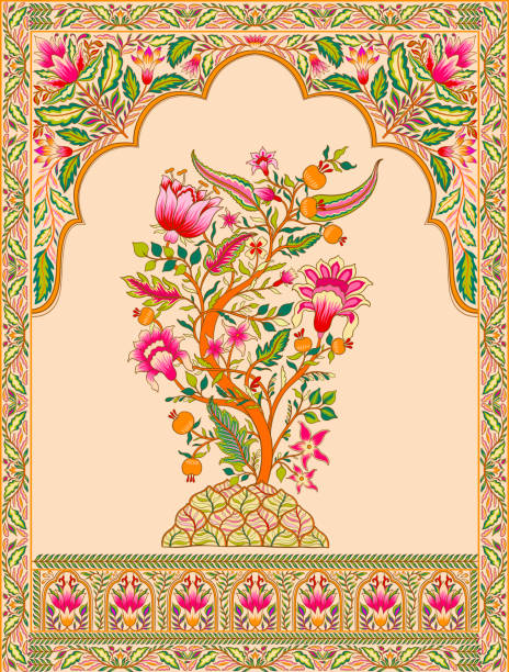 Mughal decorative ornamental tree for arch. Indian intricate traditional mughal style with tree flowers and foliage. Vector illustration.
