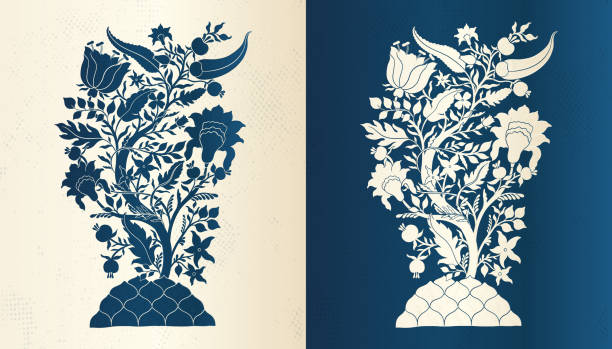 mogołów dekoracyjne ozdobne niebieskie drzewo. indyjski skomplikowany tradycyjny styl mogołów z kwiatami drzew i liśćmi. - tree decoration flower carpet stock illustrations