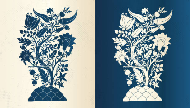 Mughal decorative ornamental blue tree. Indian intricate traditional mughal style with tree flowers and foliage. Mughal decorative ornamental blue tree. Indian intricate traditional mughal style with tree flowers and foliage. Vector illustration. landscape design stock illustrations