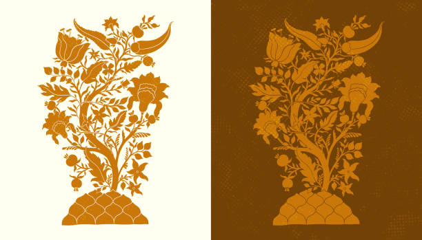 ilustrações de stock, clip art, desenhos animados e ícones de mughal decorative ornamental golden tree. indian intricate traditional mughal style with tree flowers and foliage. - tree decoration flower carpet