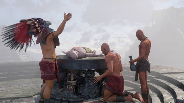 istock ancient Mayan aztec tribe , priest brings human sacrifices 3d render 1604689781