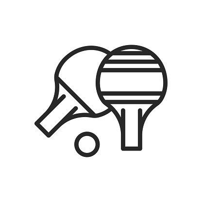Table Tennis Icon. Vector Outline Editable Sign of Ping Pong Racket and Ball on Tennis Table. Sport and Recreation Equipment for Ping Pong Game. Linear Minimal Illustration.