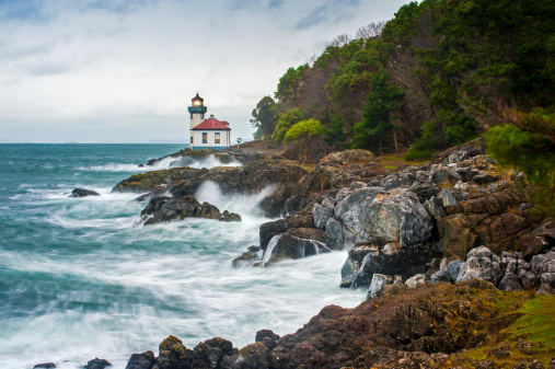 The Lime Kiln Lighthouse is located on San Juan Island over looking the Haro Strait near Friday Harbor, Washington, USA.