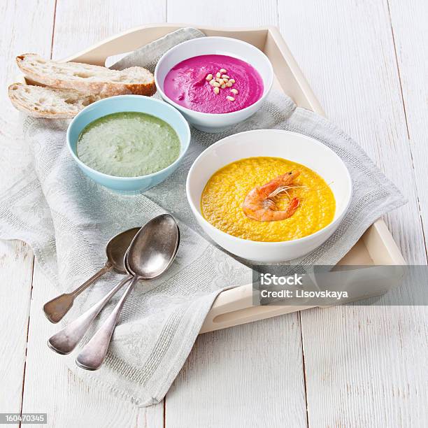 Three Colored Soup Stock Photo - Download Image Now - Beet, Bowl, Broccoli