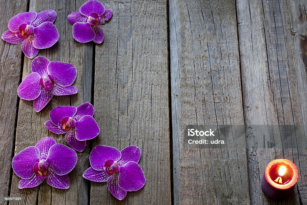 Orquídeas em pranchas de madeira, fundo vintage spa cosméticos - Foto de stock de Aromaterapia royalty-free