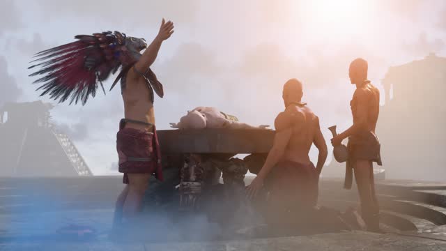 ancient Mayan aztec tribe , priest brings human sacrifices 3d render