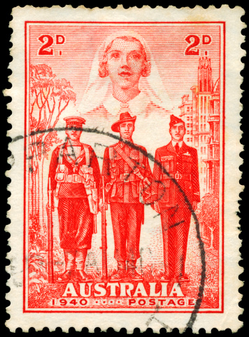 A Stamp printed in AUSTRALIA shows the Nurse, Sailor, Soldier and Aviator, Australia’s participation in WWII, series, circa 1940
