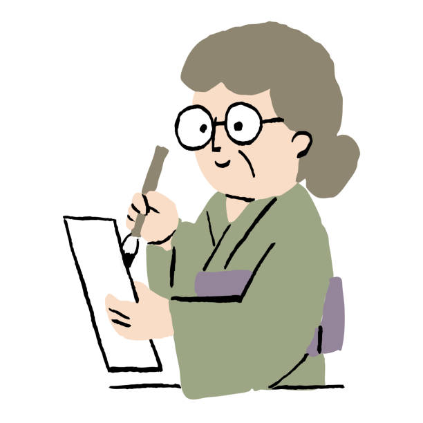 ilustrações de stock, clip art, desenhos animados e ícones de an old woman wearing a kimono and composing a haiku - tanka