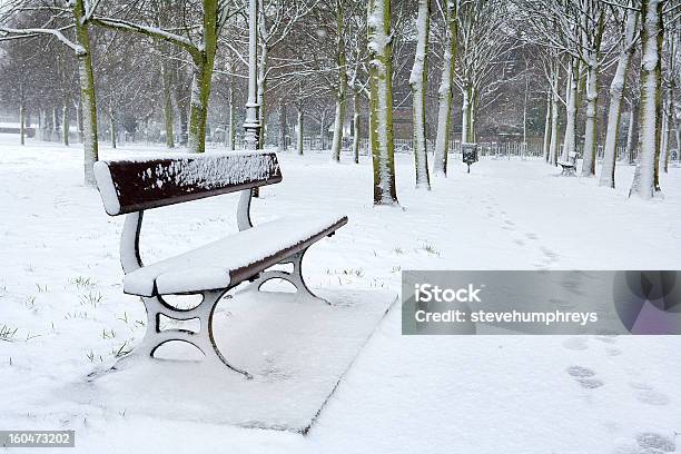 Banco Del Parque En La Nieve De Invierno Foto de stock y más banco de imágenes de Acera - Acera, Aire libre, Aldea