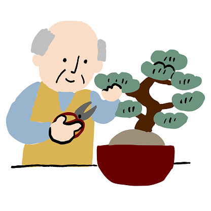 Old man taking care of bonsai