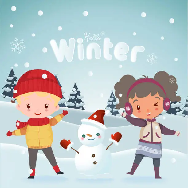 Vector illustration of Adorable child greets winter happily