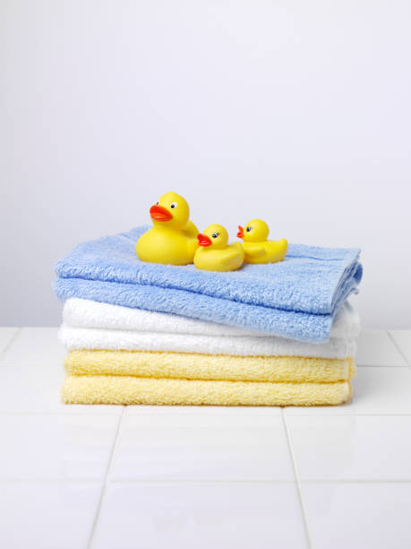 Three Little Ducks on Towels Mother duck with two baby ducks, on a pile of towels, in a bathroom, with copy space. duck family stock pictures, royalty-free photos & images