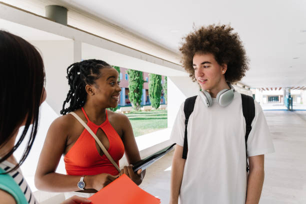 istock Multi-ethnic group of friends chatting in the campus 1604735520