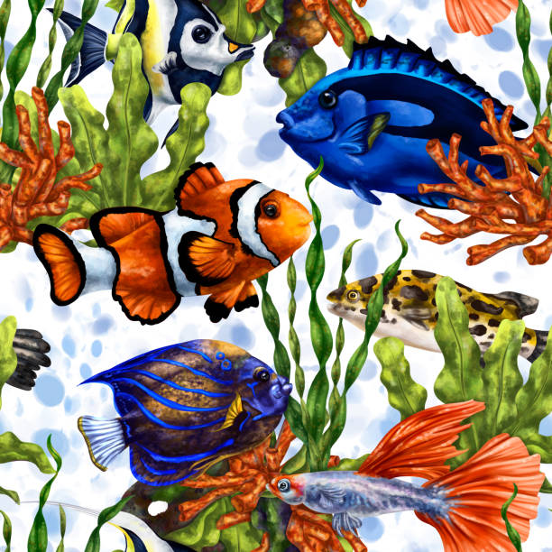 istock Colorful sea fish in the ocean. Tropical waterfowl among green algae and red corals. Underwater life, diving and snorkeling, traveling to exotic places. Seamless pattern, digital illustration 1604737698