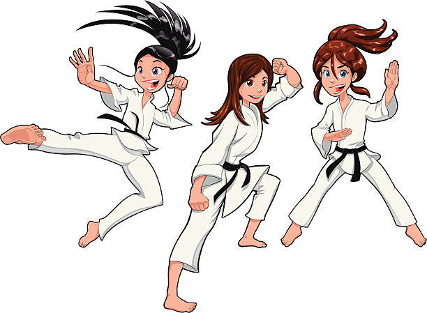 Young girls, Karate Players Young girls, Karate Players. Vector cartoon isolated characters karate stock illustrations