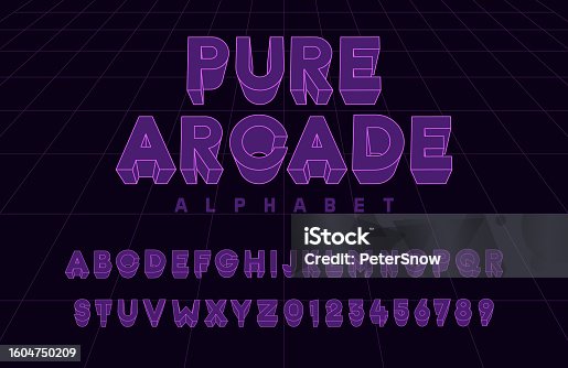 istock Pure Arcade retro premium alphabet in purple violet colors. Vector 3d neon font. Text elements based on retrowave, synthwave, videogame graphic styles. Typeface based on 80s, 90s and y2k 1604750209