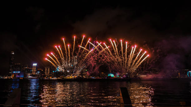 istock Fireworks display on the Wan Chai temporary promenade , Hong Kong 1604763599