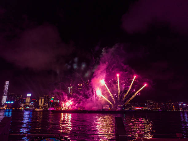istock Fireworks display on the Wan Chai temporary promenade , Hong Kong 1604764648
