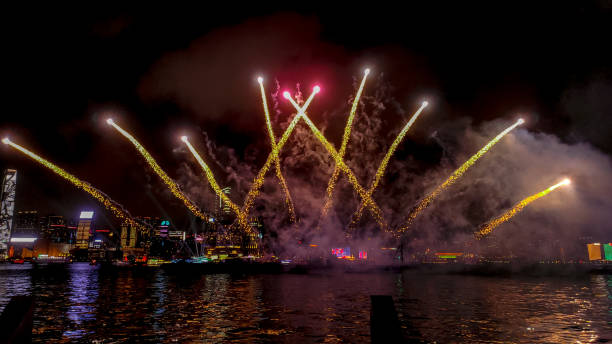 istock Fireworks display on the Wan Chai temporary promenade , Hong Kong 1604765171