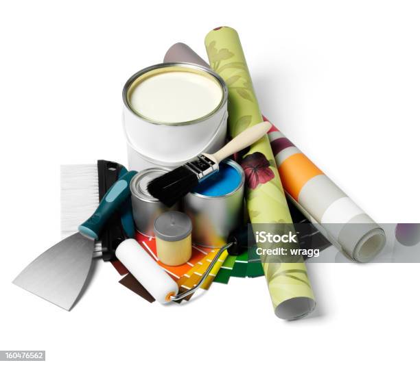 Foto de Isolado Casa Decoração Equipamentos e mais fotos de stock de Papel de parede - Papel de parede, Lata de Tinta, Fundo Branco