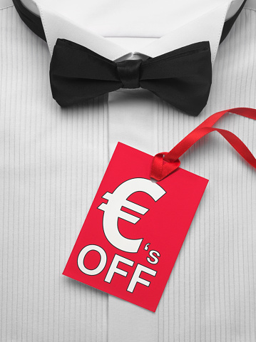 Red Euros sale label on a white shirt with bow tie.