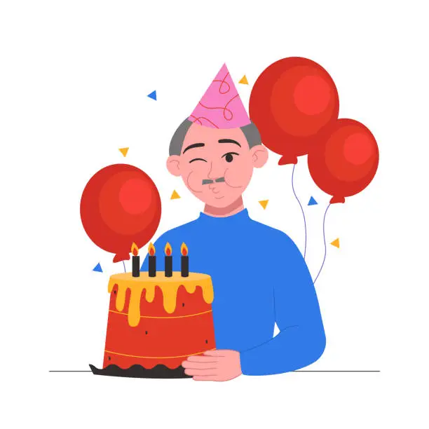 Vector illustration of Person with cake. Old man in a festive cap blows out the candles on the cake. Vector graphic.