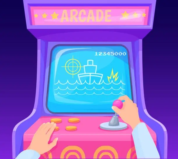 Vector illustration of Hands playing arcade machine. Gamer hand play in retro video game on joystick, cartoon computer gaming 80s 1990s pixel screen of slot machines controller, neat vector illustration