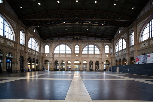 03-08-2023  Zurich city Switzerland. Main train station, or Hauptbahnhof, wide-angle interior view.
