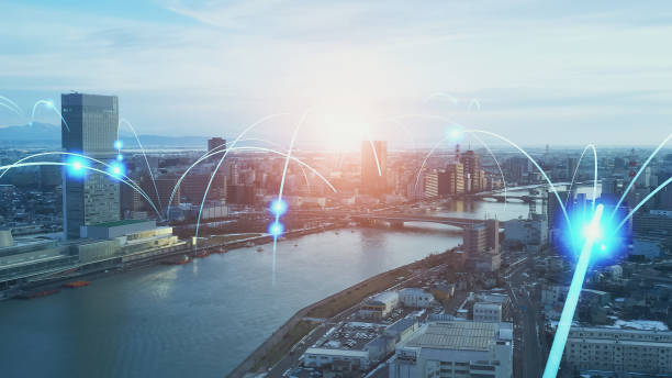 istock Modern city and wireless communication network concept. Radio wave. Telecommunication. 1604793436