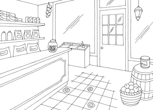 Vector illustration of Old grocery store shop interior black white graphic sketch illustration vector