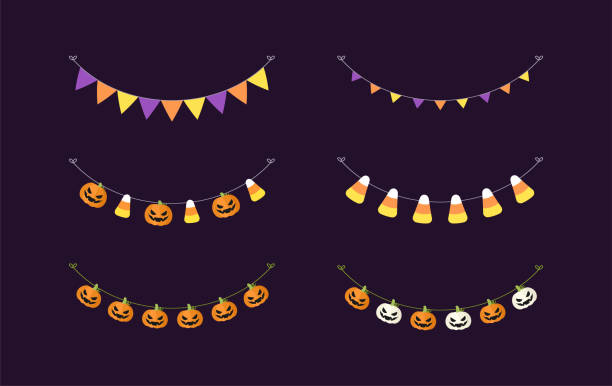 귀여운 할로윈 멧돼지 화환 세트에는 잭 오 랜턴, 호박, 사탕 옥수수가 있습니다. 간단한 트릭 또는 치료 배너 매달린 파티 장식 벡터 요소. - halloween pumpkin bunting backgrounds stock illustrations